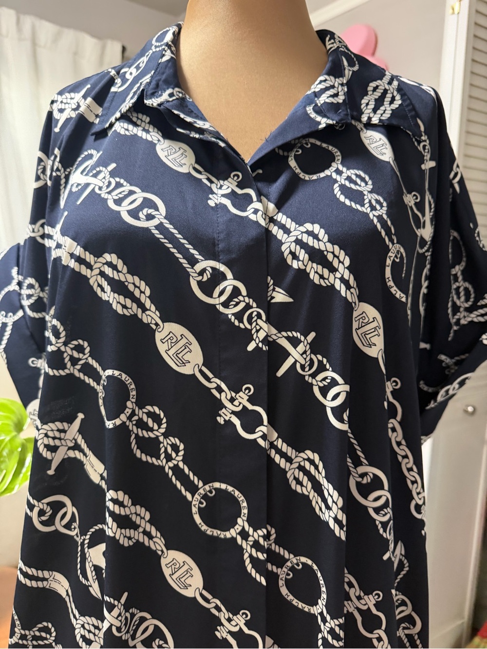 Ralph Lauren Navy Chain-Print Midi Shirt Dress with Brown Belt - Picture 13 of 13